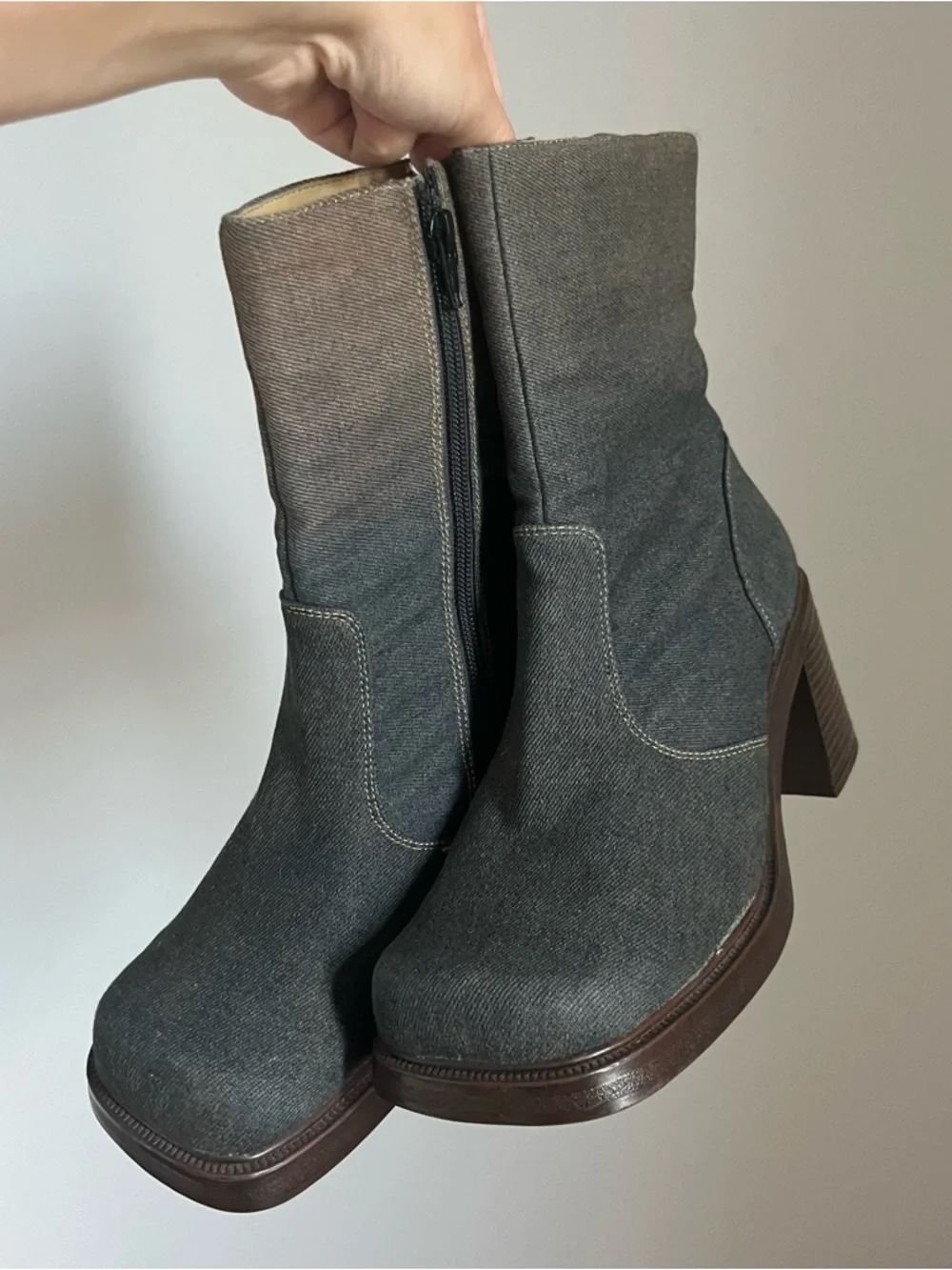 Vintage Platform Boots Platform Chunky Y2K 90s Bratz Square Toe Denim Blue Sz 8